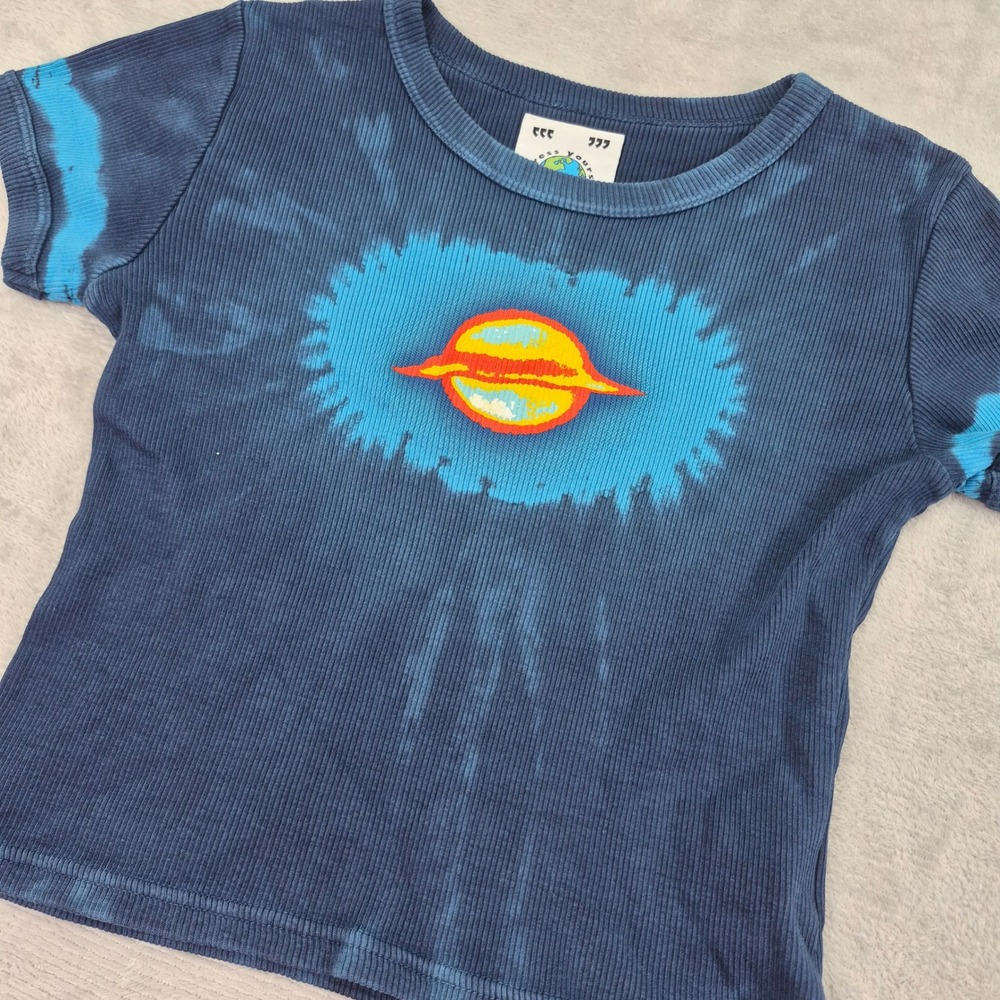 UNIF Saturn Planet Tie Dye Ribbed Baby Tee Navy Blue Small 90s Y2K Hippie Boho